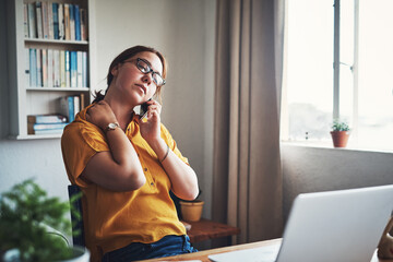 Aufkleber - I carry so much tension in my neck. Cropped shot of an attractive young businesswoman sitting alone in her home office and feeling stressed while using her cellphone.