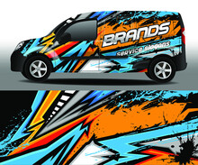 Delivery Van Vector Design. Car Design Development For The Company. Black Background With Blue, Orange And Gray Abstract Stripes For Car Vinyl Sticker. Car Sticker.

