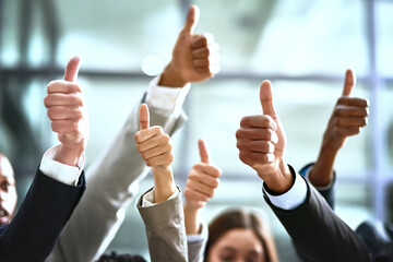 Poster - Need we say more. Cropped shot of a group of businesspeople giving thumbs up in a modern office.