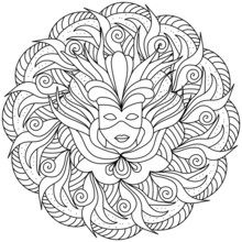 Mardi Gras Mandala Coloring Page For Holiday Creativity, Masquerade Mask With Ornate Elements