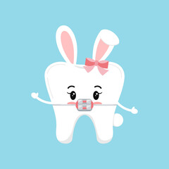 Sticker - Easter tooth in braces icon isolated. Orthodontist dentistry tooth character in brackets with easter bunny ears costume. Flat design cartoon vector clip art dental kid illustration.