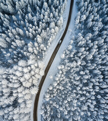 Aufkleber - Beautiful winter forest and road. Aerial view