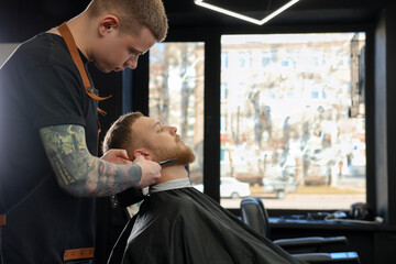 Wall Mural - Professional hairdresser working with bearded client in barbershop