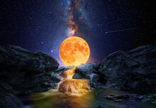 Colorful Waterfall With Big Moon