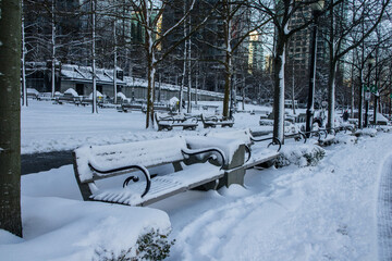 Wall Mural - Banco de jardim e praça coberto de neve em Vancouver.