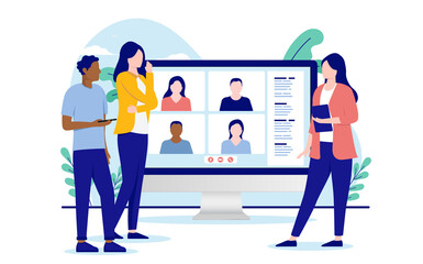 Leinwandbilder - Casual business people having a remote meeting on desktop computer. Flat design vector illustration with white background