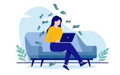 Leinwandbilder - Woman making money on computer sitting in sofa at home. Flat design vector illustration with white background