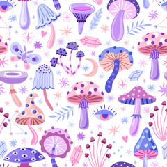 Purple magic mushrooms seamless pattern witchcraft texture