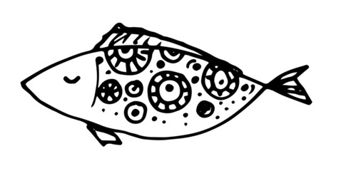 Wall Mural - cute fish icon. A FISH drawing drawn in doodles with scales, circles and dots, isolated black outline on white for a design template. a simple children's drawing of a sea fish,