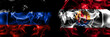 © Vlad - Donetsk People's Republic vs France, French Polynesia flag. Smoke flags placed side by side isolated on black background.