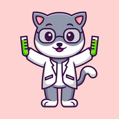 Wall Mural - Cute Cat as a Scientist Professor in Cartoon. Premium Vector Illustration. Flat Style Concept.