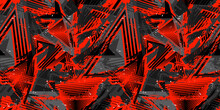 Abstract Vector Seamless Grunge Pattern. Urban Art Texture With Neon Lines, Triangles, Chaotic Brush Strokes, Ink, Splatter. Grungy Graffiti Background. Trendy Design In Red, Black And Gray Color
