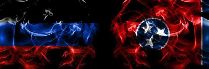 Donetsk People's Republic vs Tennessee flag. Smoke flags placed side by side isolated on black background.