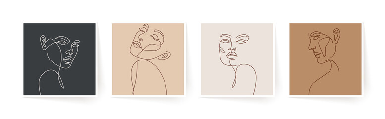 Wall Mural - set of stylized woman faces. modern single line art. woman beauty fashion concept, minimalistic styl