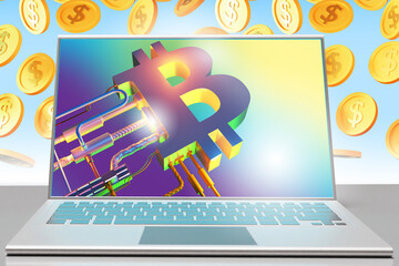 Poster - bitcoin investment. Investing money in cryptocurrency buds bitcoins was in laptop screen. Investing money in blockchain. Bitcoin investment technology. Crypto wallet interface on computer. 3d image.