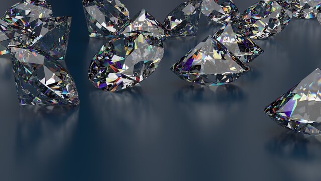 Shiny Diamonds on deep blue surface background. Concept image of luxury living, expensive things and high added value. 3D CG. High resolution.