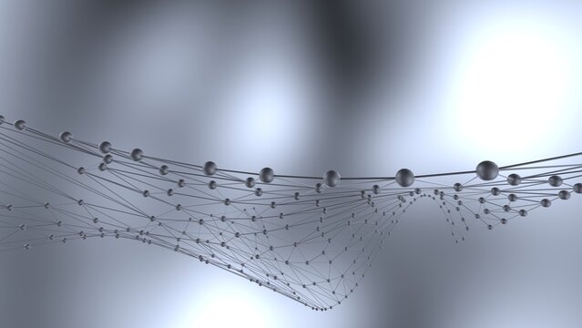 Silver atom structure on white-black background. Concept of biological science, network technology and human strategy. 3D CG. 3D high quality rendering. 3D illustration.