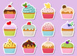 Cupcakes sticker, label with cream and chocolate set. Muffin collections decorated with cherry, blackberry and mint, candle, lemon, cookie, strawberry. Pastries sprinkled with tasty crumbs. Vector