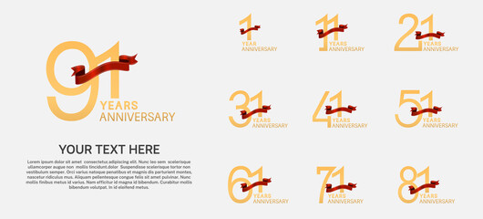 set anniversary logotype premium collection golden color and red ribbon isolated on white background