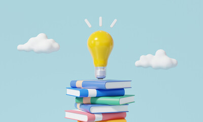 Poster - Minimal cartoon yellow bulb and book with creative idea learning online Education concept. blue pastel background for banner website application page template. 3d render illustration