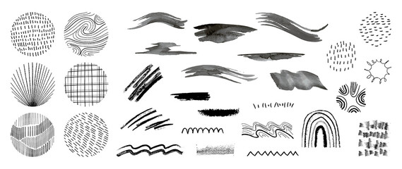 Set of abstract hand drawn patterns and organic line in circle. Elements of watercolor brush, curved and wavy line, waves and brush stroke. Collection for product design, marketing, ads and decor.
