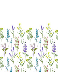 Wall Mural - Horizontal Seamless multicolor pattern of simple wildflowers. Small multi-colored flowers. Modern floral background. Elegant template for fashion prints.