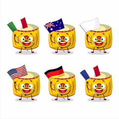 Poster - Yellow chinese drum cartoon character bring the flags of various countries