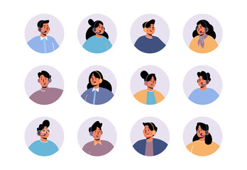 Wall Mural - Avatars of customer support service agents. Vector flat icons set of call center operators with headset, women and men workers of contact hotline or online chat