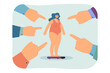 Huge fingers pointing at fat woman flat vector illustration. Society blaming and bullying depressed obese girl. Obesity, social pressure concept for banner, website design or landing web page