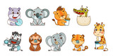 Fototapeta Pokój dzieciecy - Tropical animals newborn set with pacifier, bottle, diapers, rattle. Hippo, lion, elephant, giraffe, crocodile, zebra, sloth, tiger, koala. Vector illustration for designs, prints, patterns. Isolated