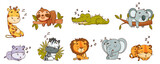Fototapeta Pokój dzieciecy - Set kids tropical animals sleep with the sound Zzz. Hippo, lion, elephant, giraffe, crocodile, zebra, sloth, tiger, koala. Vector illustration for designs, prints, patterns. Isolated on white