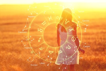 zodiac signs inside of horoscope circle astrology and horoscopes concept on woman background