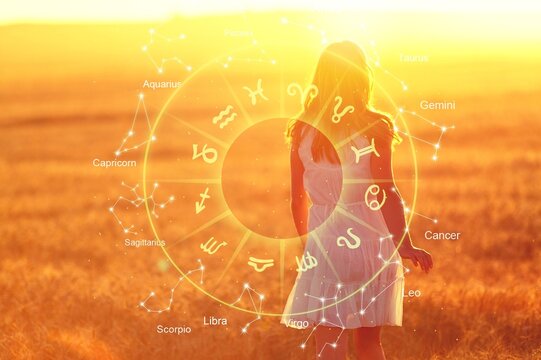 Zodiac signs inside of horoscope circle astrology and horoscopes concept on woman background