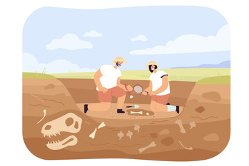 Poster - Cartoon archaeologists discovering dinosaur fossils in ground. Man and woman finding bones underground flat vector illustration. Paleontology, archeology concept for banner or landing web page