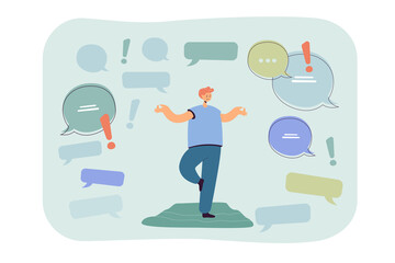 Poster - Man standing in tree pose surrounding by text bubbles. Person staying focused in flow of information flat vector illustration. Calm, technology concept for banner, website design or landing web page