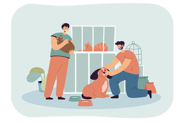 Poster - Cartoon volunteers adopting homeless cat and dog from shelter. Kitten in cage, man playing with puppy flat vector illustration. Animal care, pets concept for banner, website design or landing web page