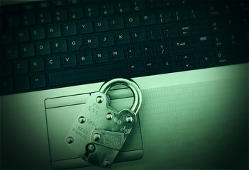 Poster - Green Hacking Concept Background with Vintage Lock and Keyboard of Laptop. Binary Numbers green data breaching concept backdrop with security