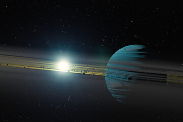 Wall Mural - blue fantastic planet with planetary disc of dust and rocks near the sun near. space fition backgroo