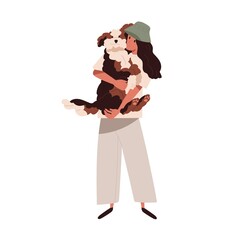 Poster - Happy dog in hands of pet owner. Person hugging doggy with love. Woman and canine animal portrait. Female and Labradoodle companion, furry friend. Flat vector illustration isolated on white background