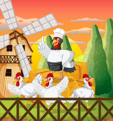 Wall Mural - Farm scene with a group of chickens cartoon character