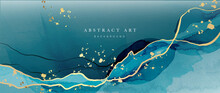 Abstract Golden In Blue Tone Background. Luxury Wallpaper With Green And Blue Ocean Watercolor. Premium Design With Gold Shades And Drops For Banner, Covers, Wall Art, Home Decor And Invitation.