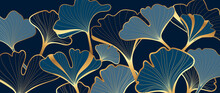 Luxury Ginkgo Leaf On Dark Blue Background. Nature Wallpaper Of Ginkgo Leaves, Biloba Plants In Golden Line Art Pattern. Hand Drawn Design For Banner, Covers, Wall Art, Home Decor, Fabric And Design.