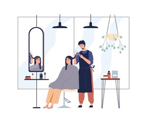 Poster - Hairdresser cutting clients hair in salon. Hairstylist doing haircut with scissors for woman customer in chair. Professional treatment process. Flat vector illustration isolated on white background