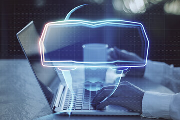 Aufkleber - Close up of businessman hands using laptop computer with abstract hologram of digital head with VR glasses on blurry background. Virtual reality and technology concept. Double exposure.