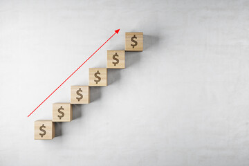 Poster - Abstract growing interest rate dollars with arrow on concrete background with mock up place. Investment and finance concept. 3D Rendering.