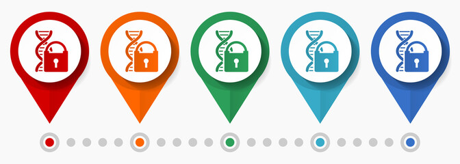 Poster - Dna protect, biotechnology research concept vector icon set, flat design genetic pointers, infographic template easy to edit
