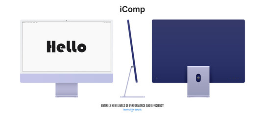 Poster - computer monitor purple color with blank screen saver front, back and side view isolated on white background. realistic and detailed mockup of display for system unit. stock vector illustration
