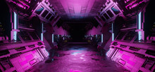 Blue And Pink Interior With Neon Lights On Panel Walls. Futuristic Corridor In Spaceship Laboratory Station Background. 3d Rendering