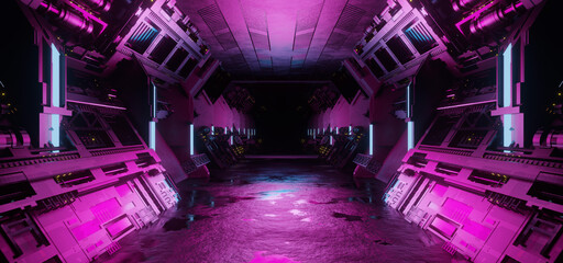 Wall Mural - Blue and pink interior with neon lights on panel walls. Futuristic corridor in spaceship laboratory station background. 3d rendering