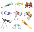 Optical instruments for viewing distant objects set. Telescope, binoculars, opera glasses, spyglass vector illustration
